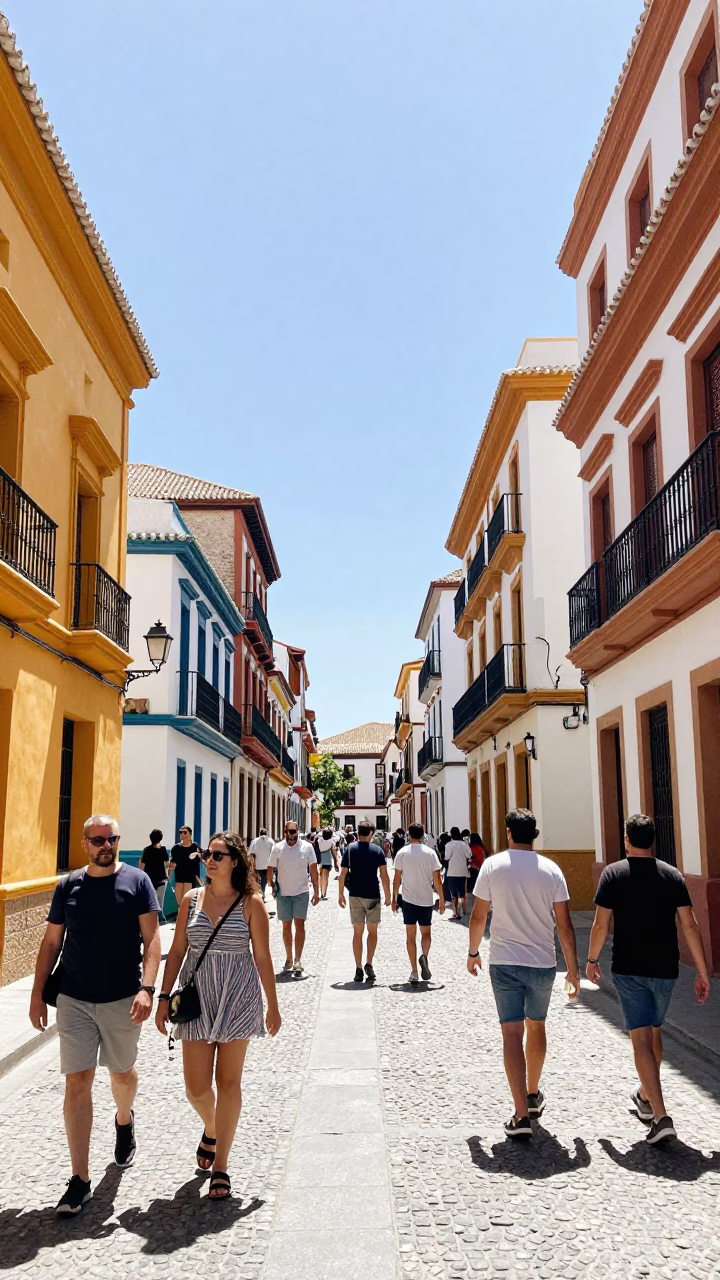 Busy Midday Street Scene in Granada Spain with Colorful Facades and Local Life in in Granada, Spain
