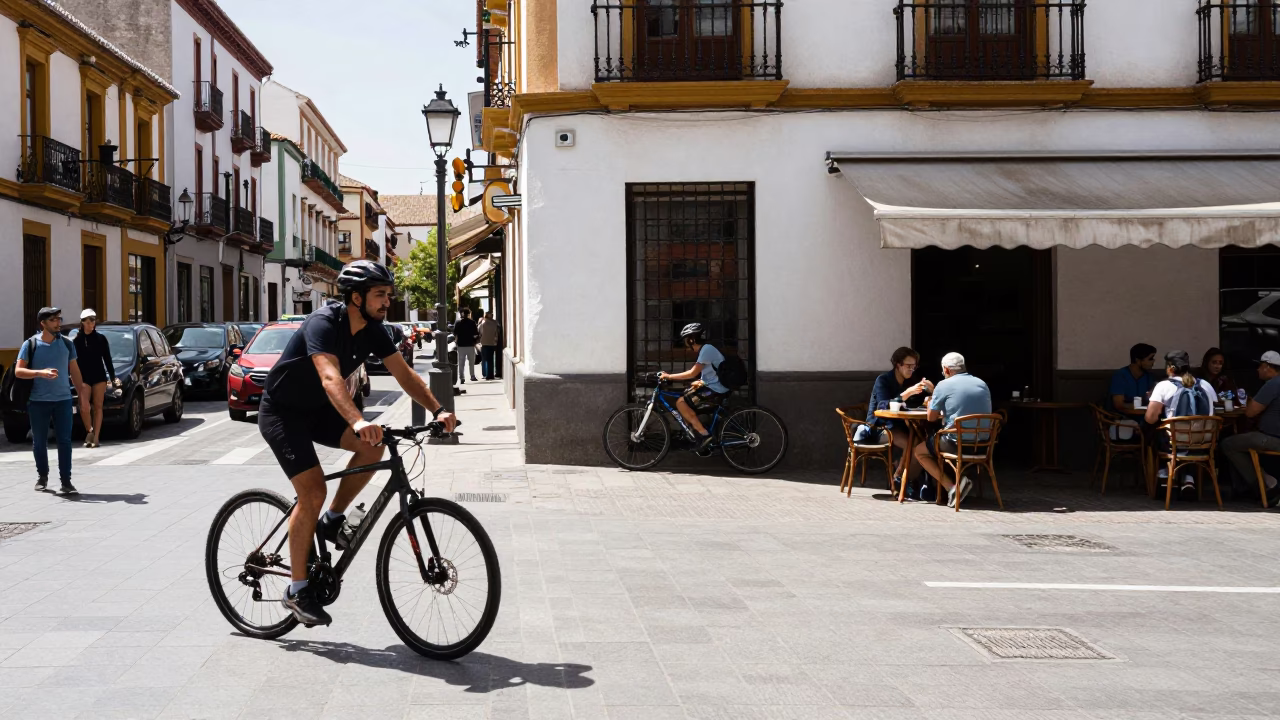 Busy Midday Street Scene in Granada Spain with Cyclist and Cafe in in Granada, Spain