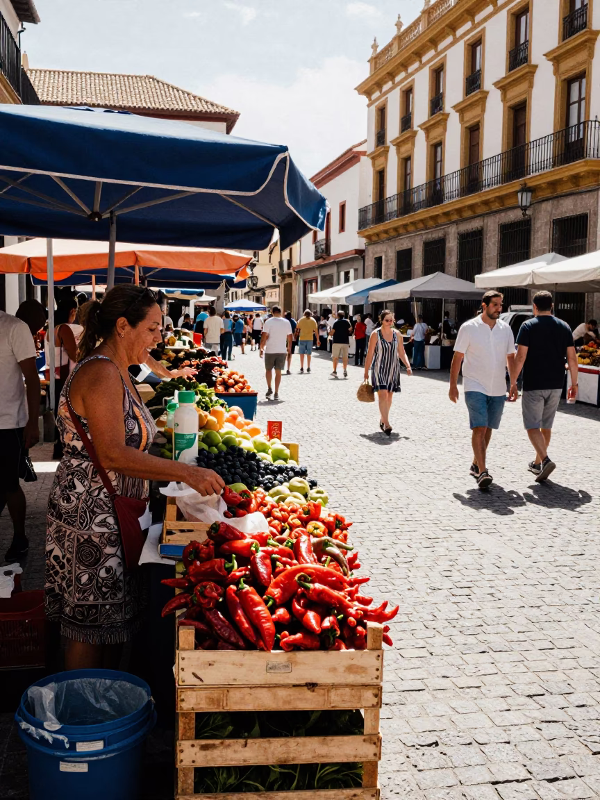 Busy Midday Street Scene in Granada Spain with Local Market Activity in in Granada, Spain