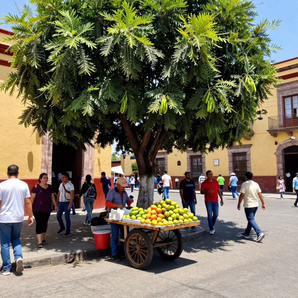 Busy Midday Street Scene in Guadalajara Mexico with Tamarind Tree and Concrete Retaining Wall in in Guadalajara, Mexico