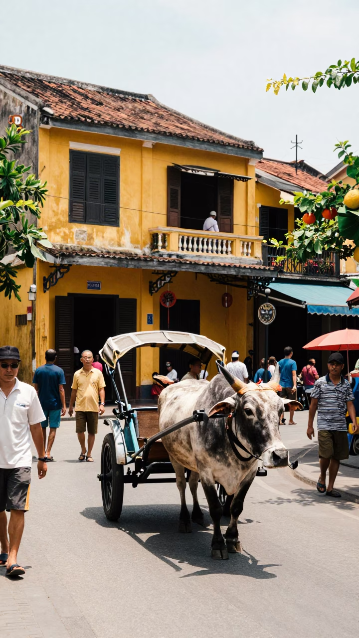 Busy Midday Street Scene in Hoi An Vietnam with Ox Cart and Local Life in in Hoi An, Vietnam