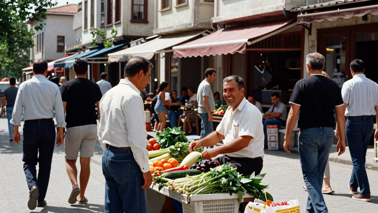 Busy Midday Street Scene in Izmir Turkey with Local Vendor and Pedestrians in in Izmir, Turkey