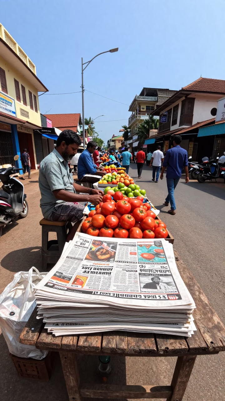 Busy Midday Street Scene in Kochi India with Tomatoes and Newspaper Stack in in Kochi, India