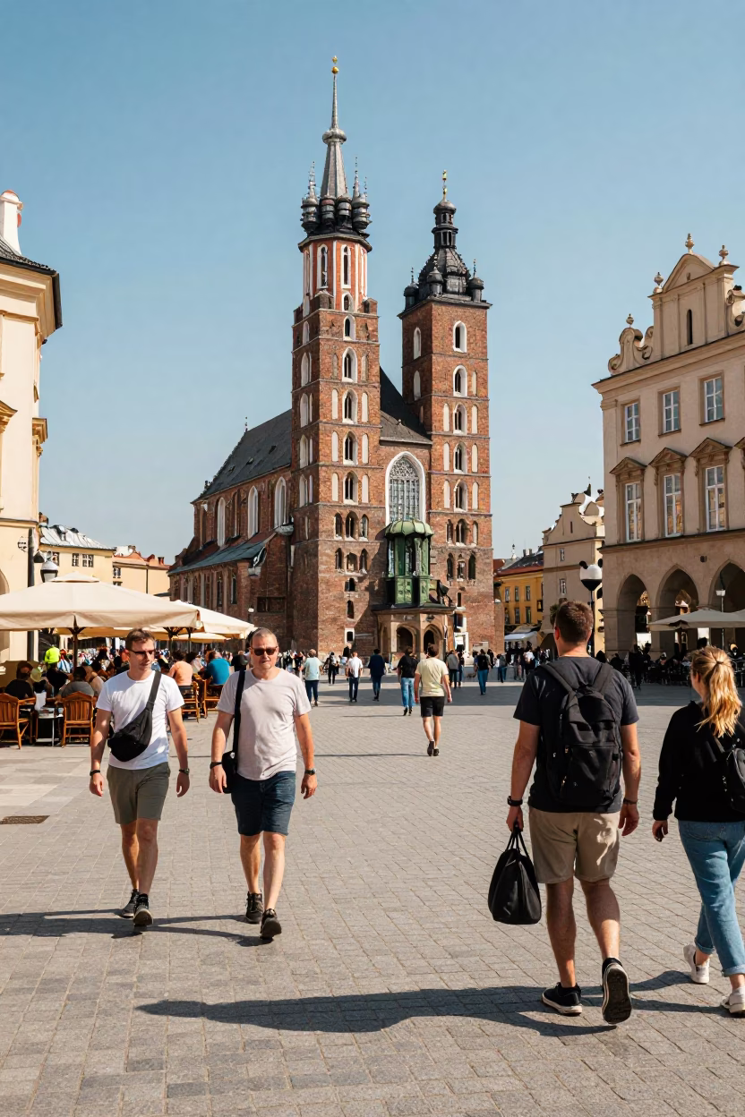 Busy Midday Street Scene in Krakow Poland with Tourists and Historic Architecture in in Krakow, Poland