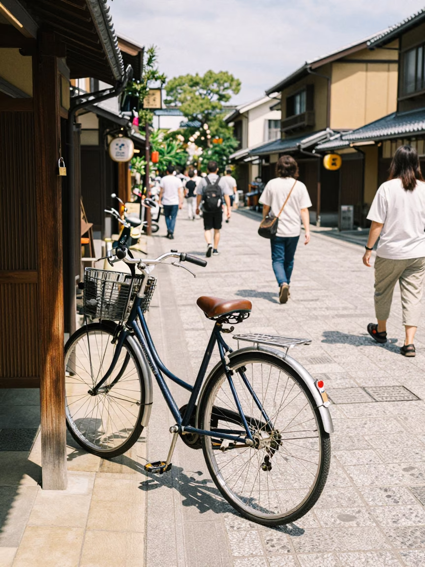 Busy Midday Street Scene in Kyoto Japan with Bicycle and Padlock in in Kyoto, Japan