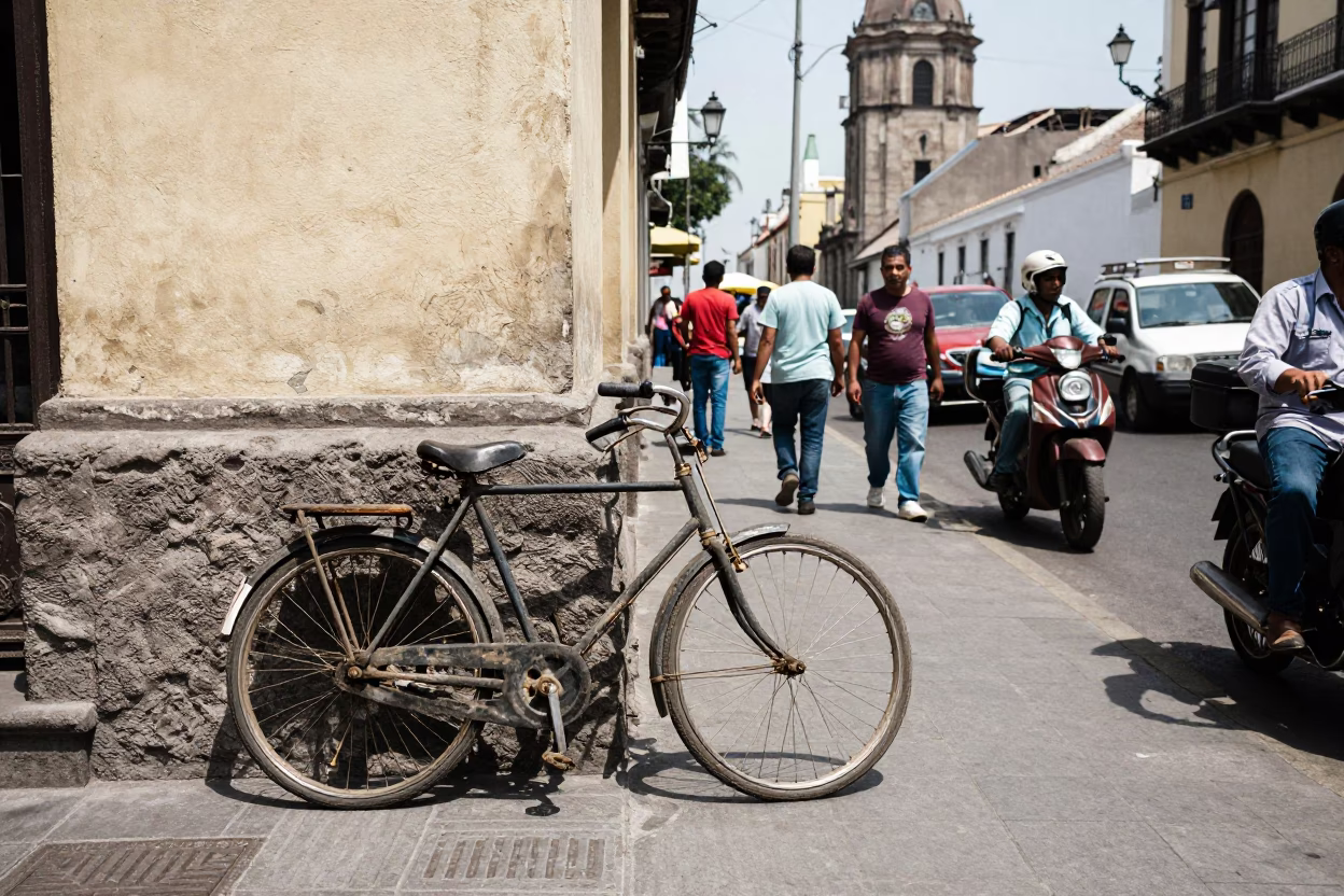 Busy Midday Street Scene in Lima Peru with Vintage Bicycle and Local Commerce in in Lima, Peru