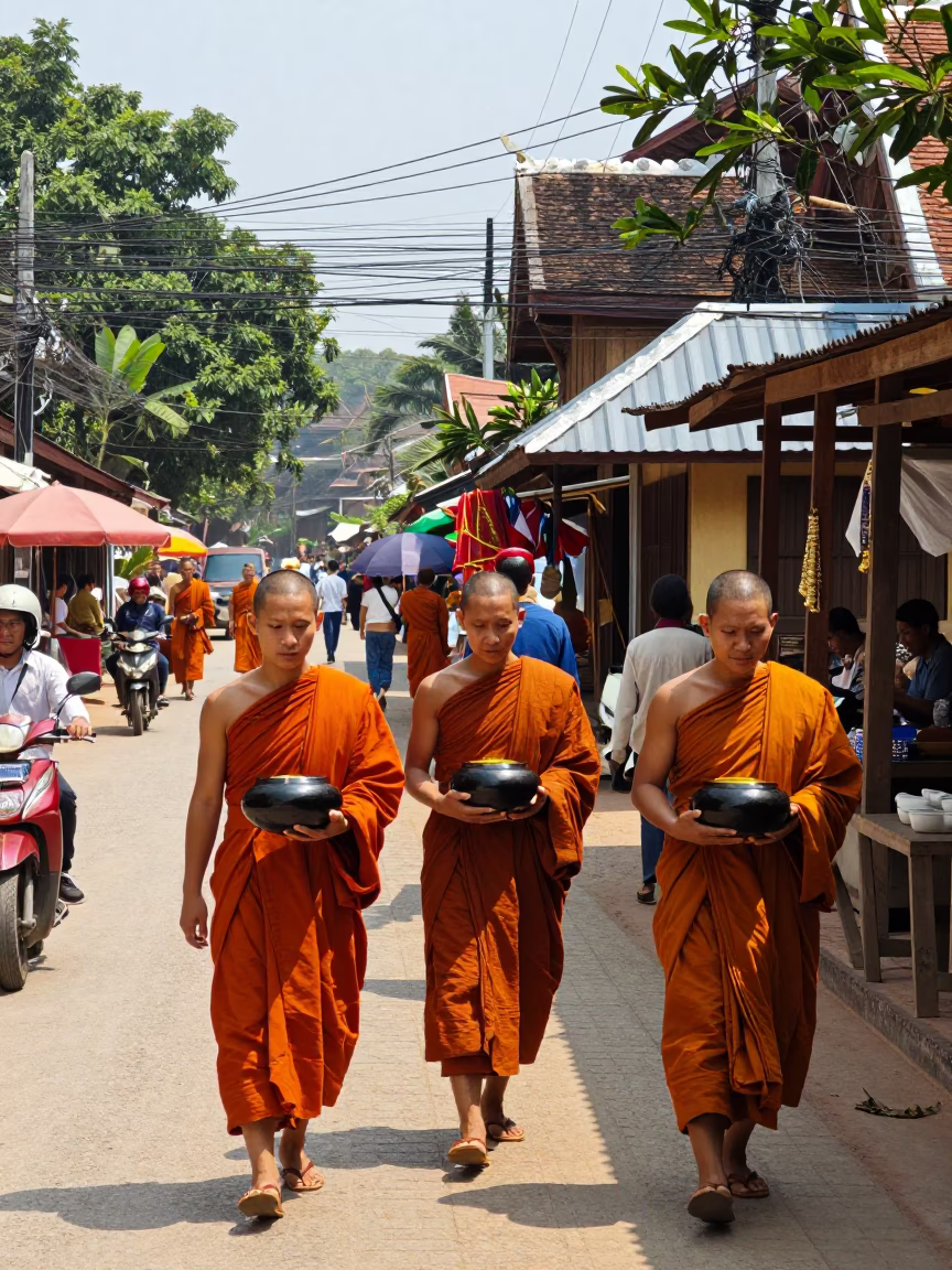 Busy Midday Street Scene in Luang Prabang Laos with Monks and Local Vendors in in Luang Prabang, Laos