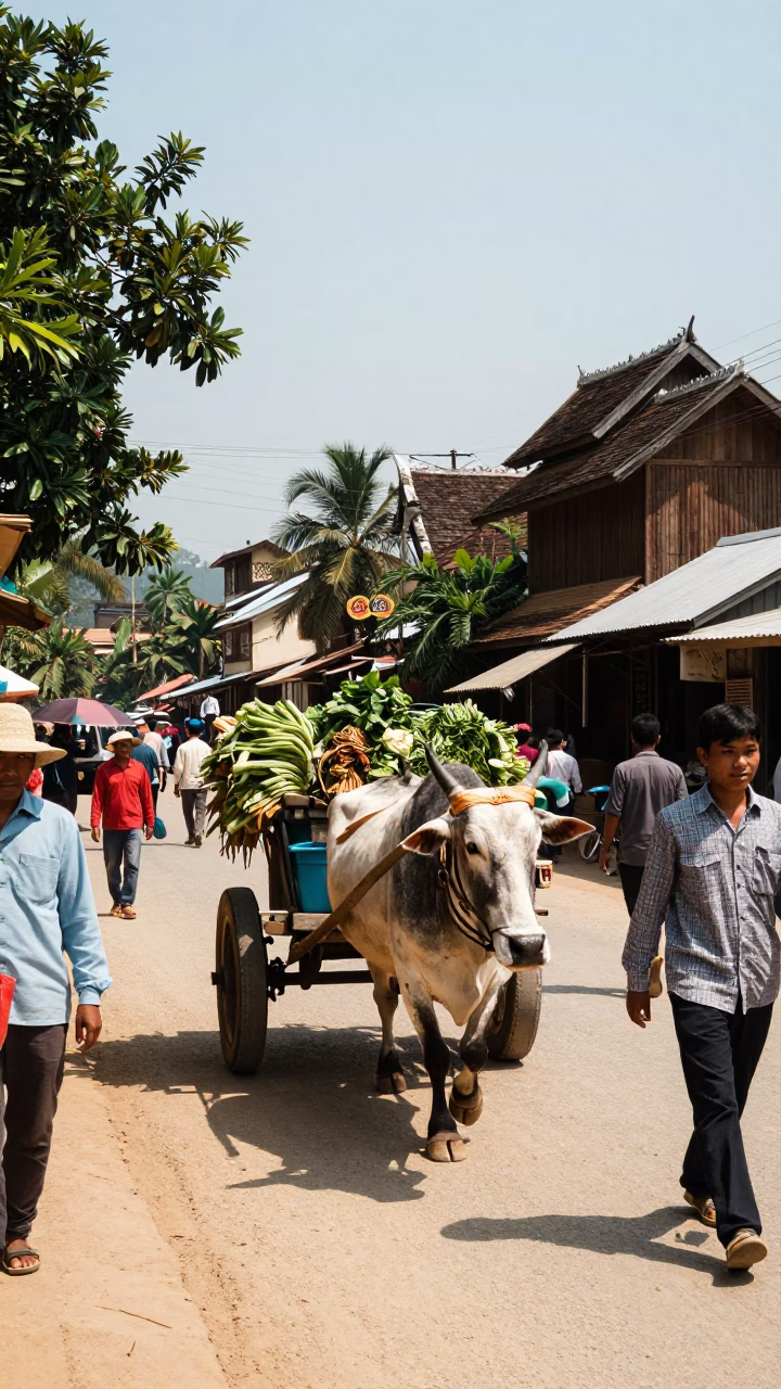 Busy Midday Street Scene in Luang Prabang Laos with Ox Cart and Local Commerce in in Luang Prabang, Laos