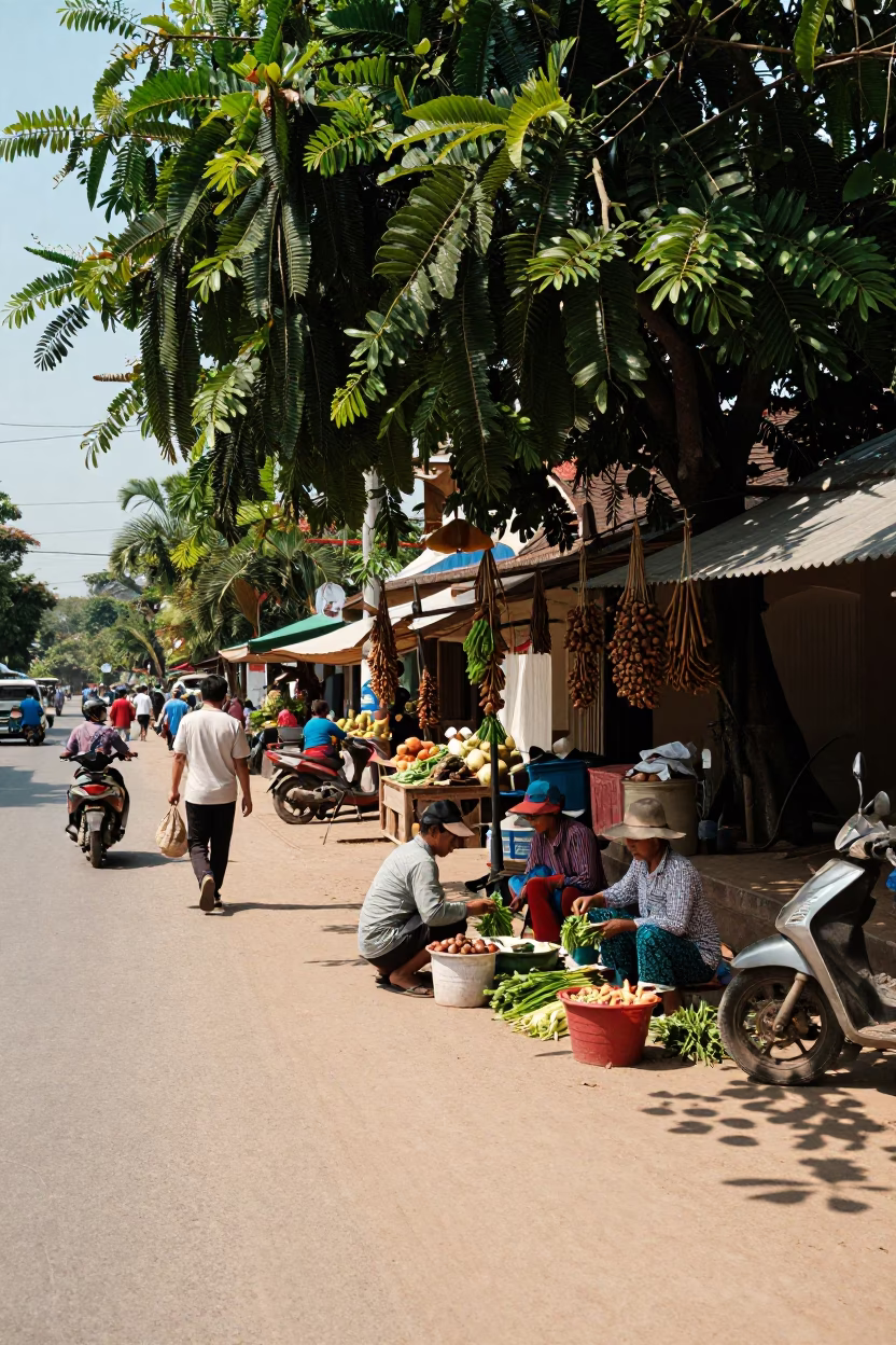 Busy midday street scene in Luang Prabang Laos with tamarind tree shade in in Luang Prabang, Laos