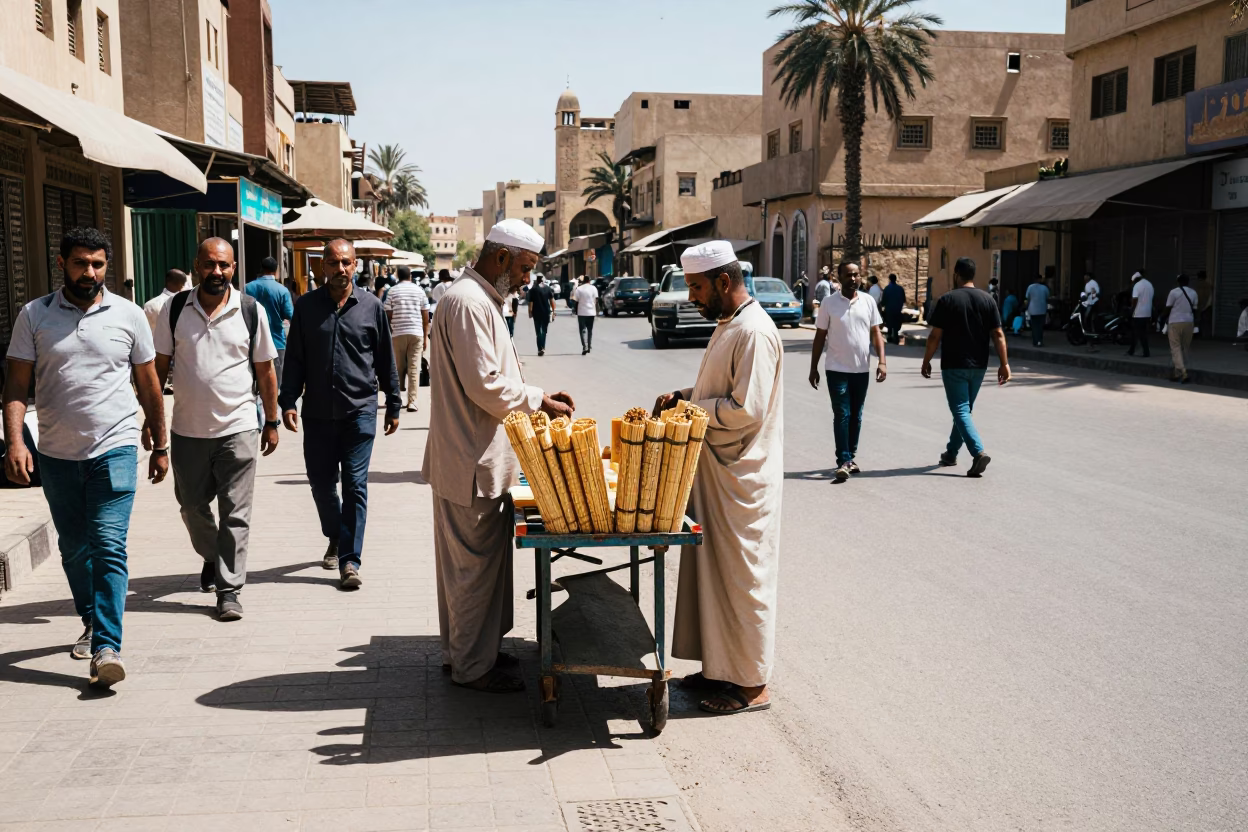 Busy Midday Street Scene in Luxor Egypt with Tourists and Local Vendors in in Luxor, Egypt