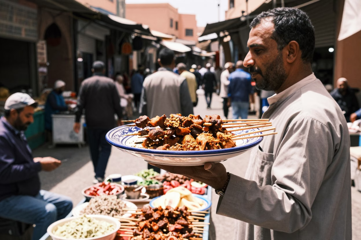 Busy Midday Street Scene in Marrakech Morocco with Ceramic Plate and Suya Skewers in in Marrakech, Morocco