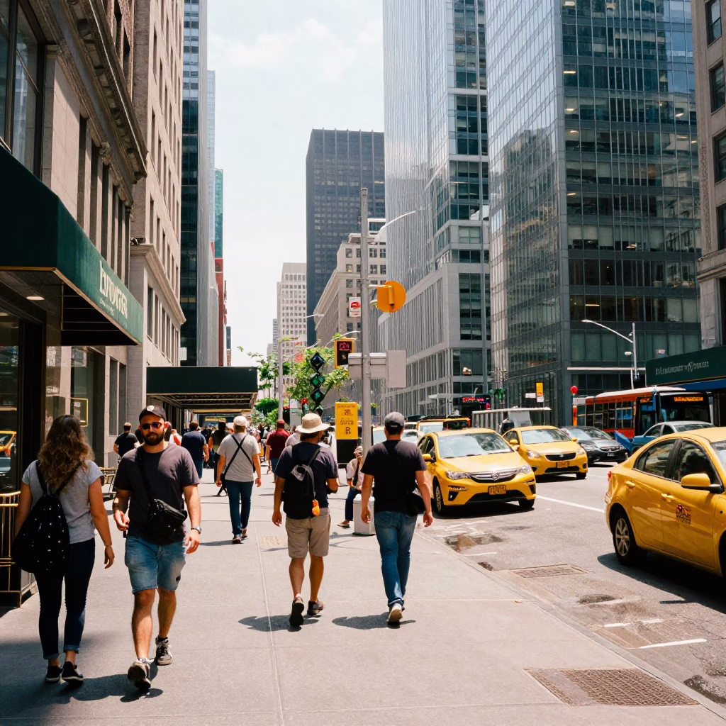 Busy Midday Street Scene in New York City with Colorful Urban Details and Pedestrians in in New York, New York, United States