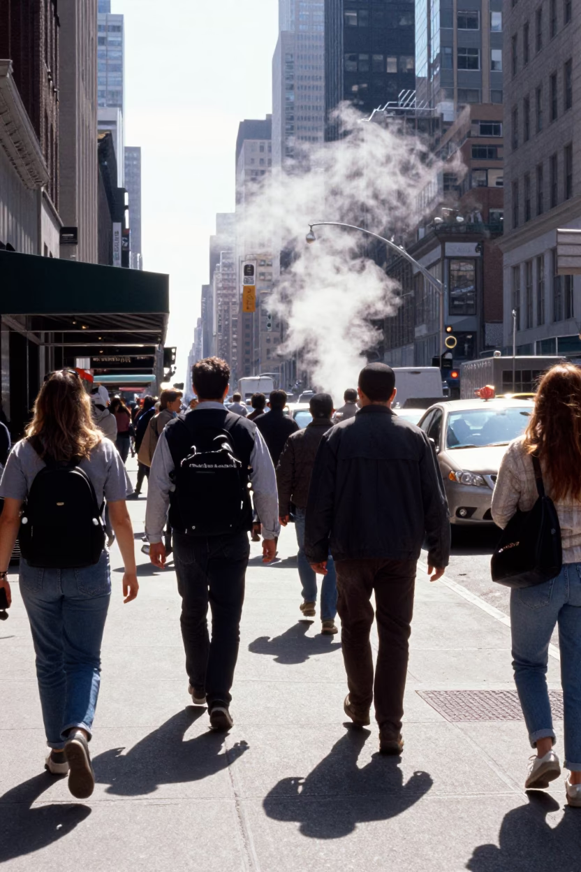 Busy Midday Street Scene in New York City with Steam and Urban Details in in New York, New York, United States