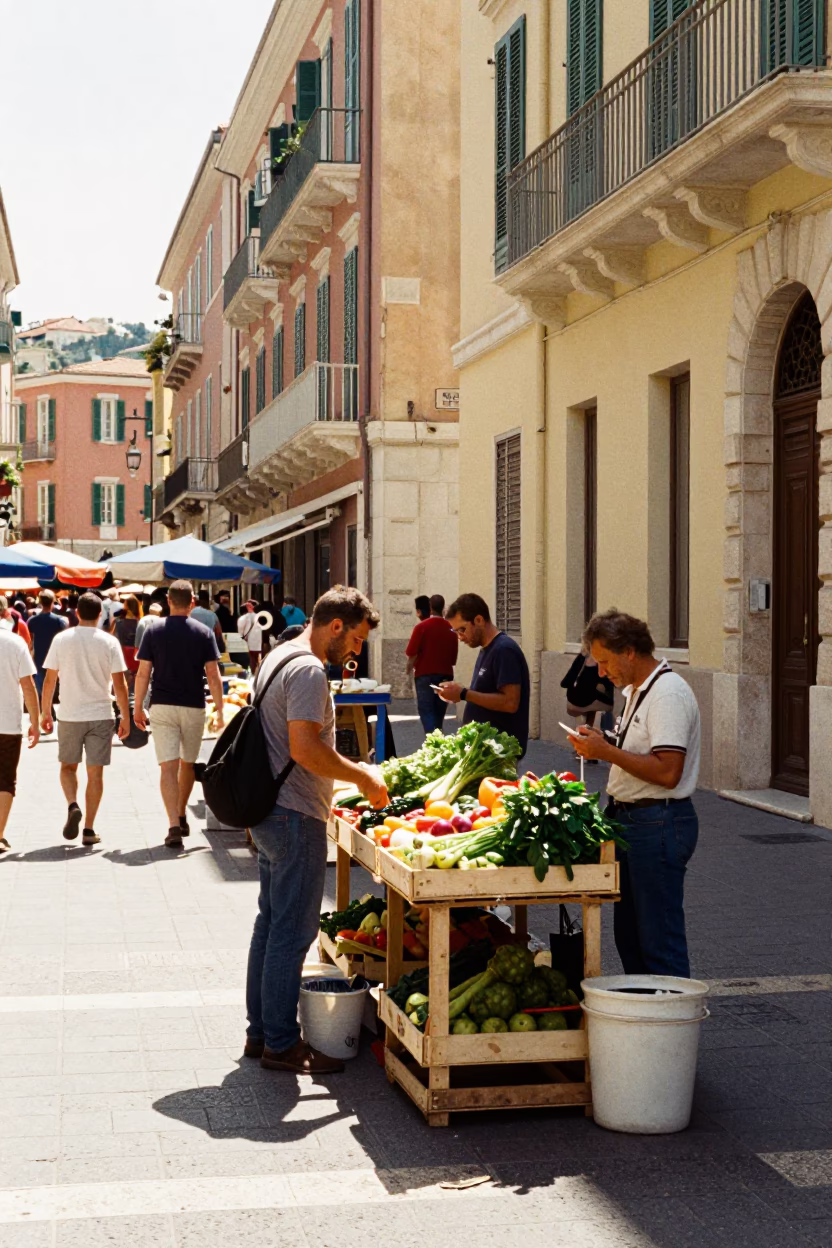 Busy Midday Street Scene in Nice France with Local Market Activity and Vintage Details in in Nice, France