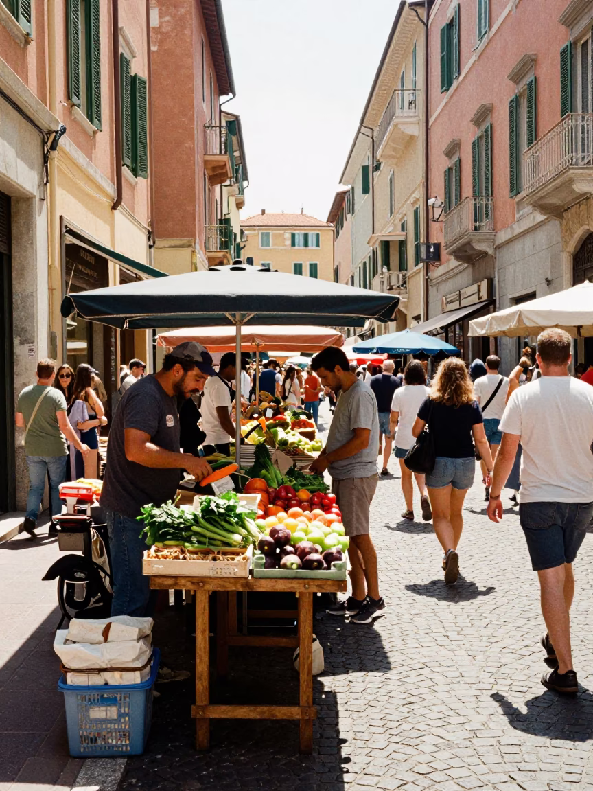 Busy Midday Street Scene in Nice France with Local Market Activity in in Nice, France