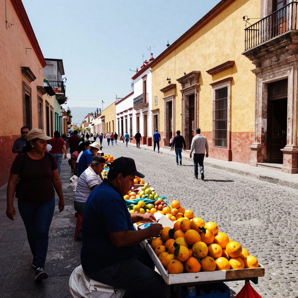 Busy Midday Street Scene in Oaxaca Mexico with Local Vendors and Pedestrians in in Oaxaca, Mexico