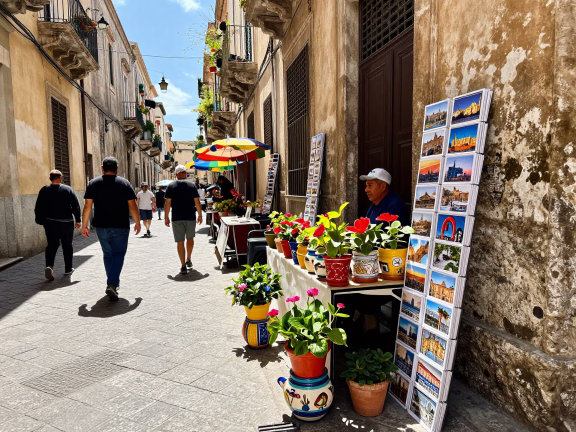 Busy Midday Street Scene in Palermo Italy with Flowerpot and Postcards in in Palermo, Italy