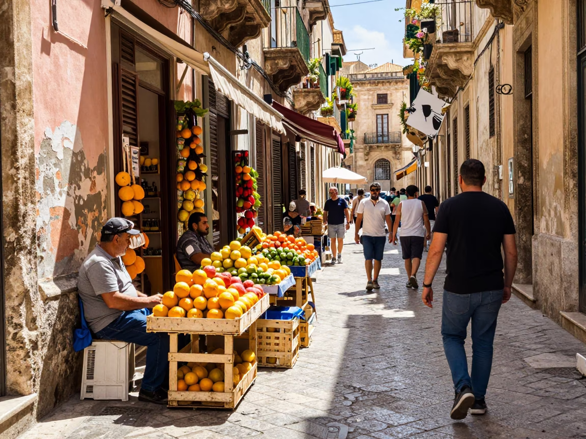 Busy Midday Street Scene in Palermo Italy with Local Vendors and Daily Life in in Palermo, Italy