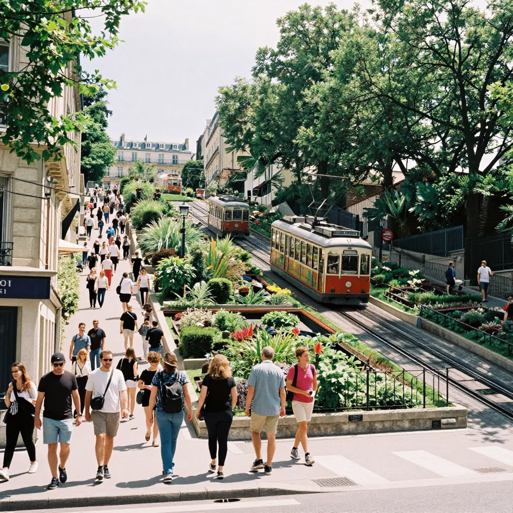 Busy Midday Street Scene in Paris France with Funicular and Local Life in in Paris, France