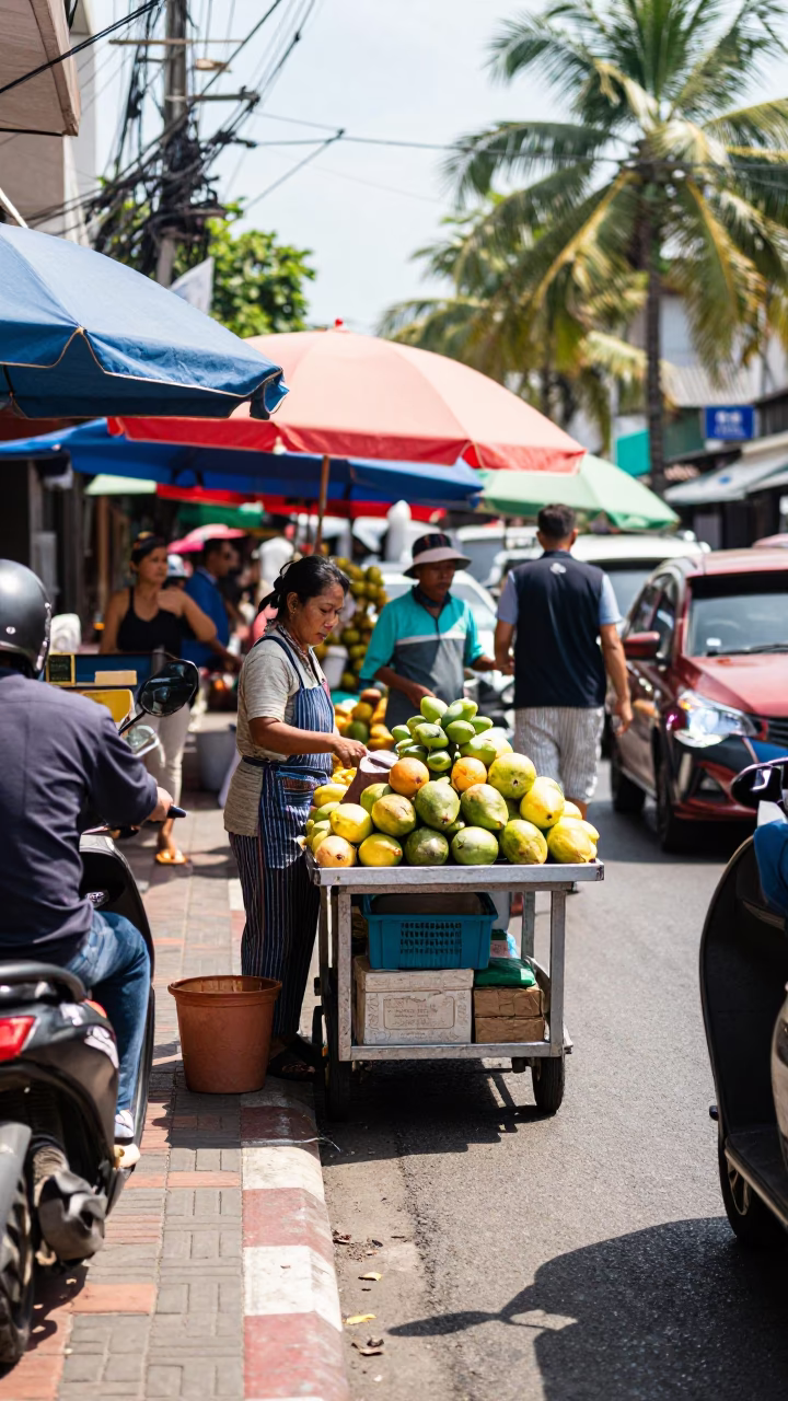Busy Midday Street Scene in Phuket Thailand with Local Market Activity in in Phuket, Thailand