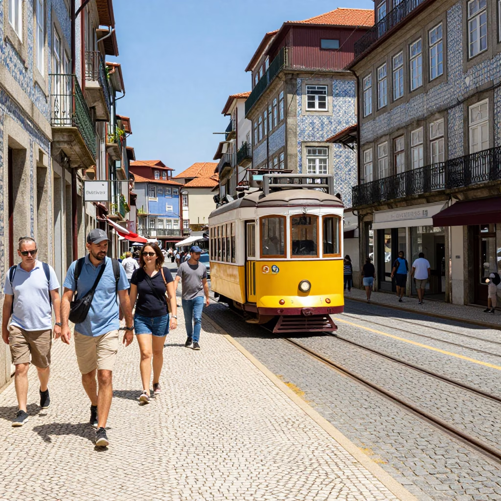 Busy Midday Street Scene in Porto Portugal with Tram and Cobblestones in in Porto, Portugal