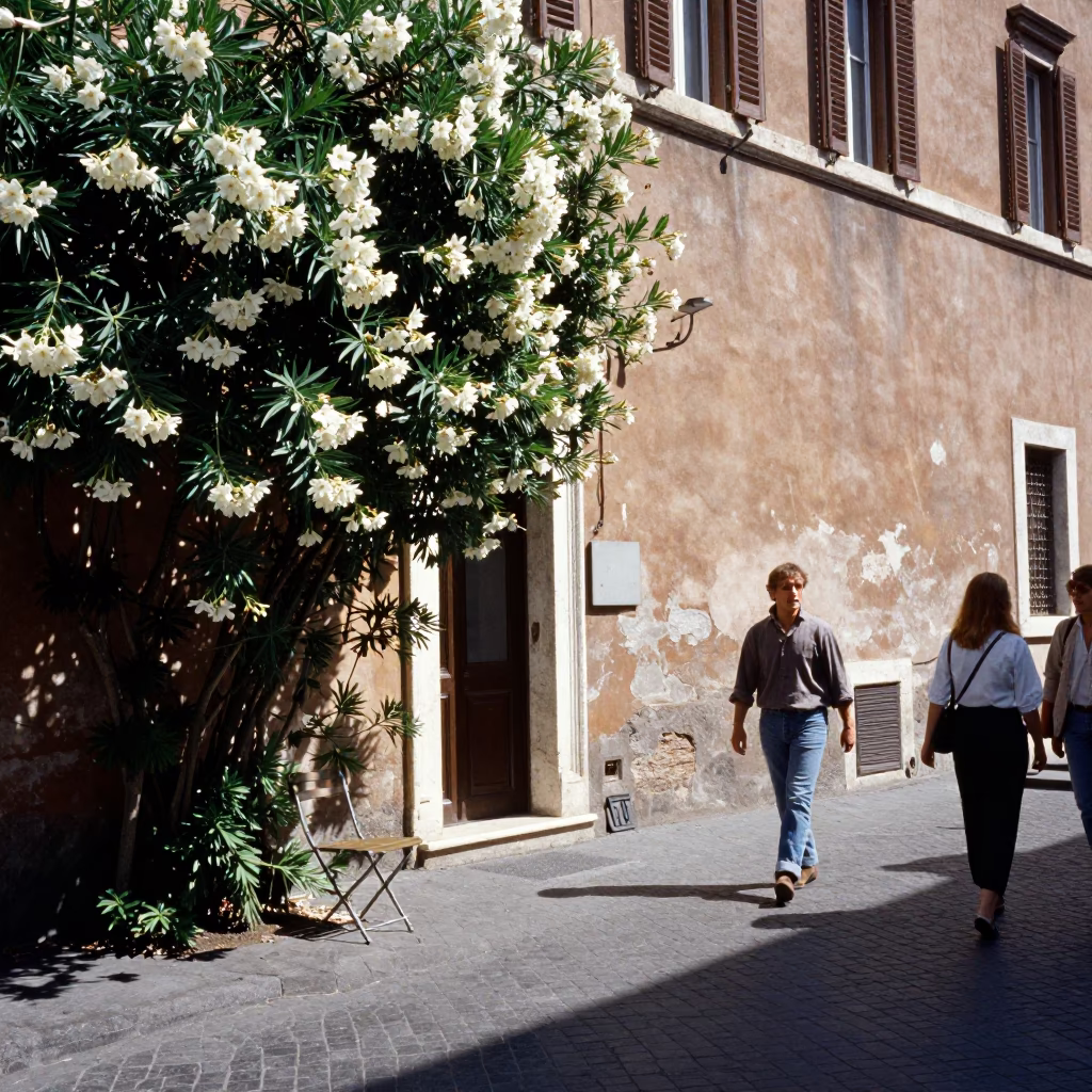 Busy Midday Street Scene in Rome Italy with Oleander Hedge and Folding Chair in in Rome, Italy
