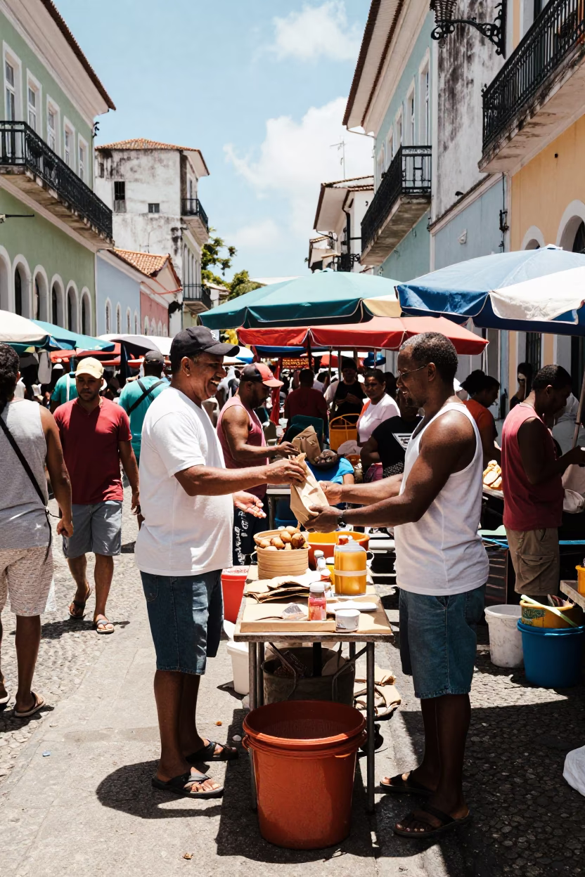 Busy Midday Street Scene in Salvador Brazil with Local Market Activity in in Salvador, Brazil