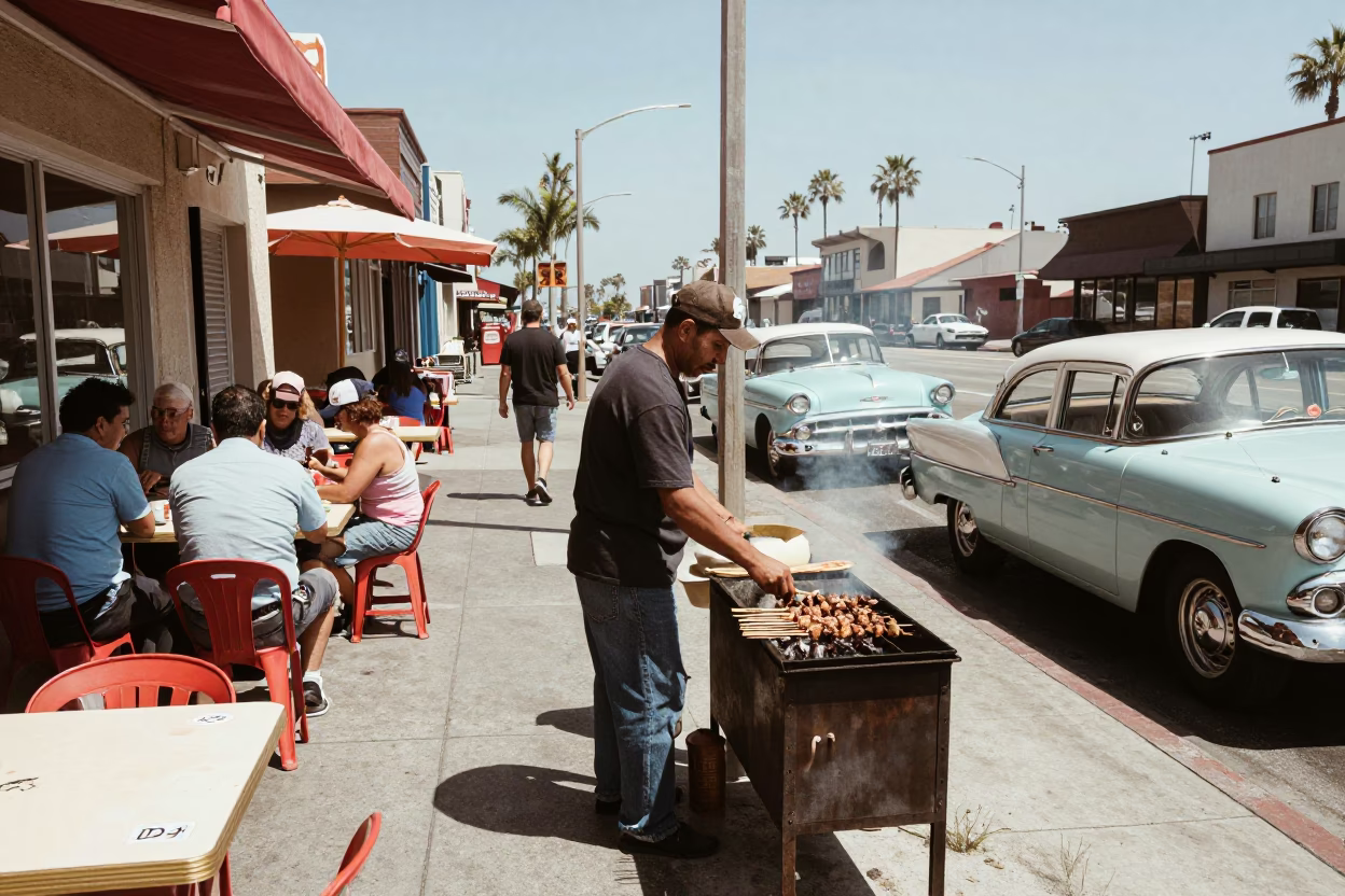 Busy Midday Street Scene in San Diego California with Vintage 1950s Atmosphere in in San Diego, California, United States