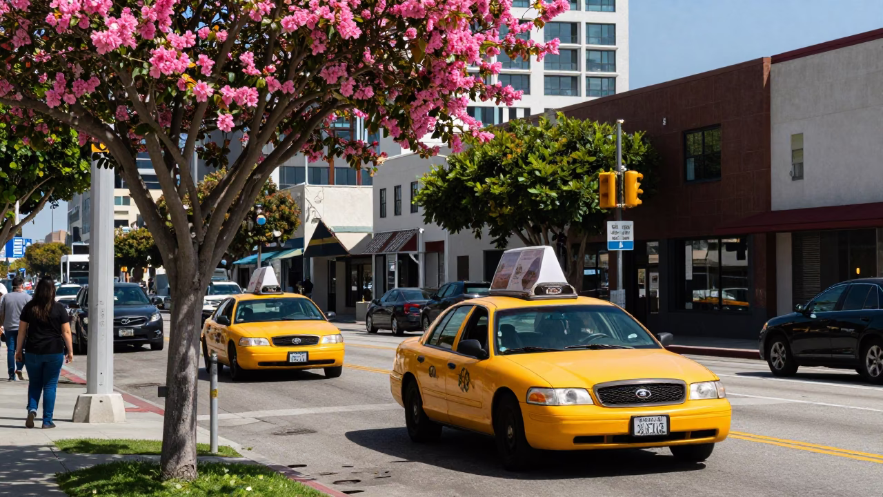 Busy Midday Street Scene in San Diego California with Yellow Taxi and Dogwood Tree in in San Diego, California, United States