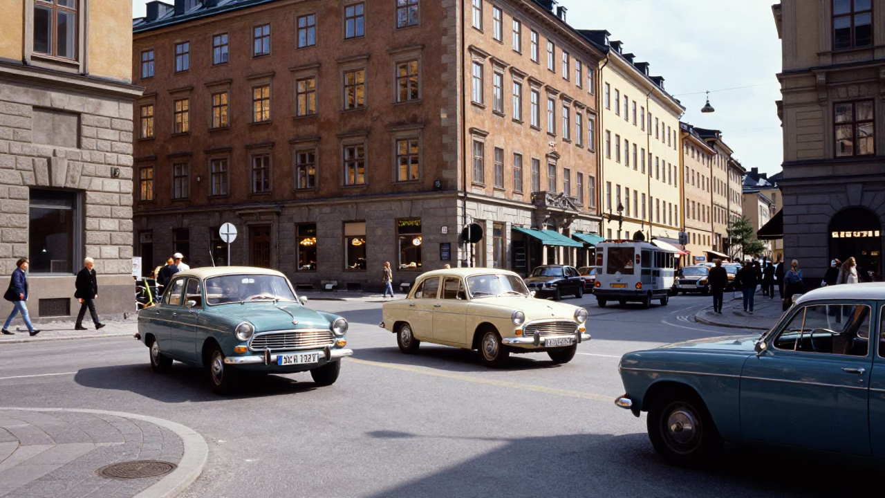 Busy Midday Street Scene in Stockholm Sweden with Vintage 1960s Automobiles and Pedestrians in in Stockholm, Sweden