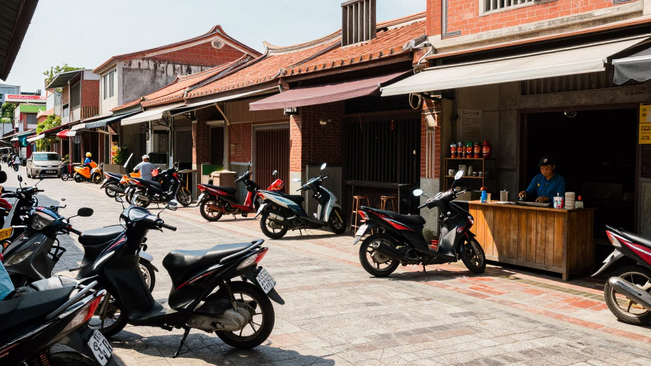 Busy Midday Street Scene in Tainan Taiwan with Motorcycles and Local Vendors in in Tainan, Taiwan