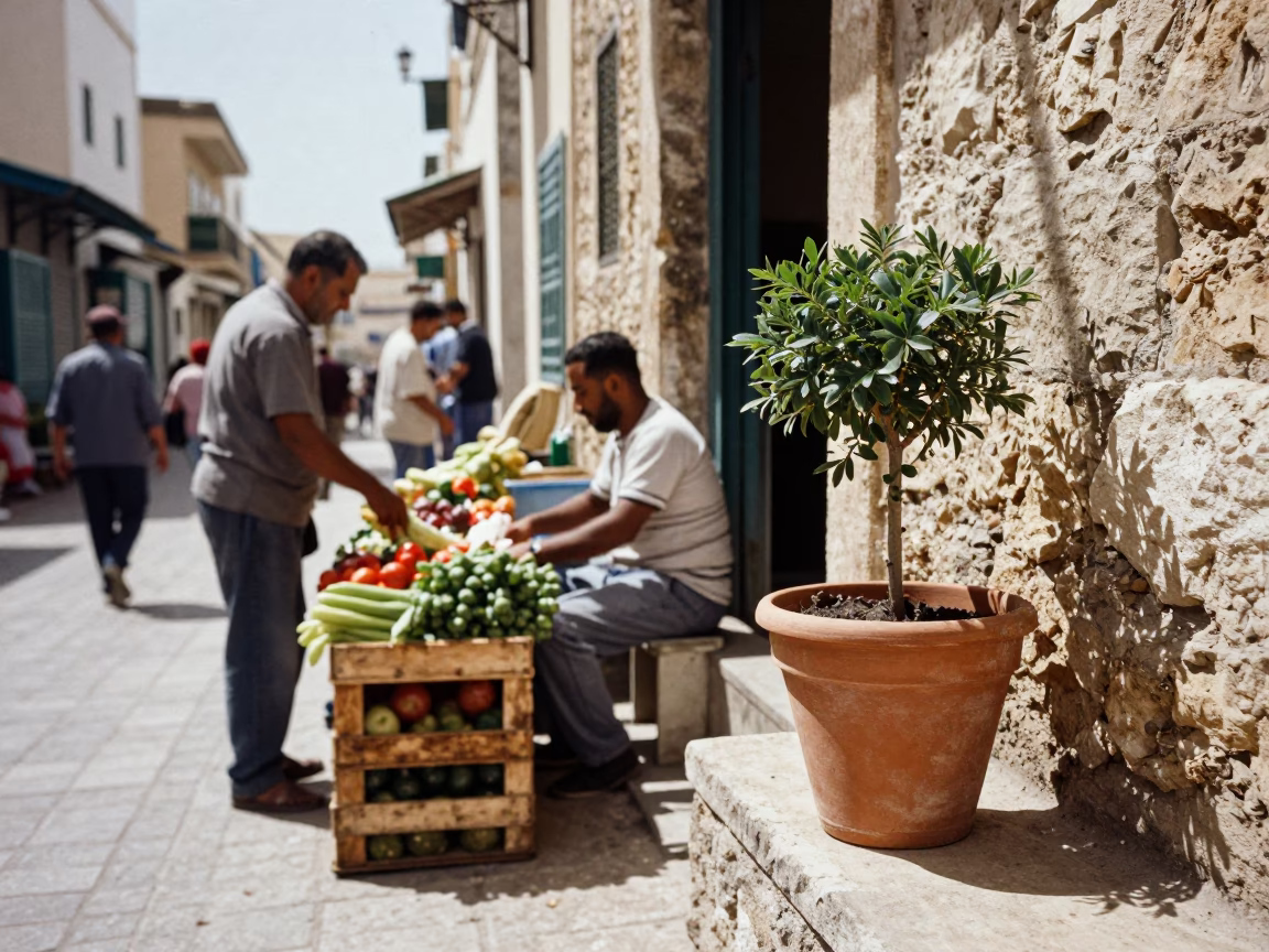 Busy Midday Street Scene in Tunis Tunisia with Plant Pot and Local Interaction in in Tunis, Tunisia