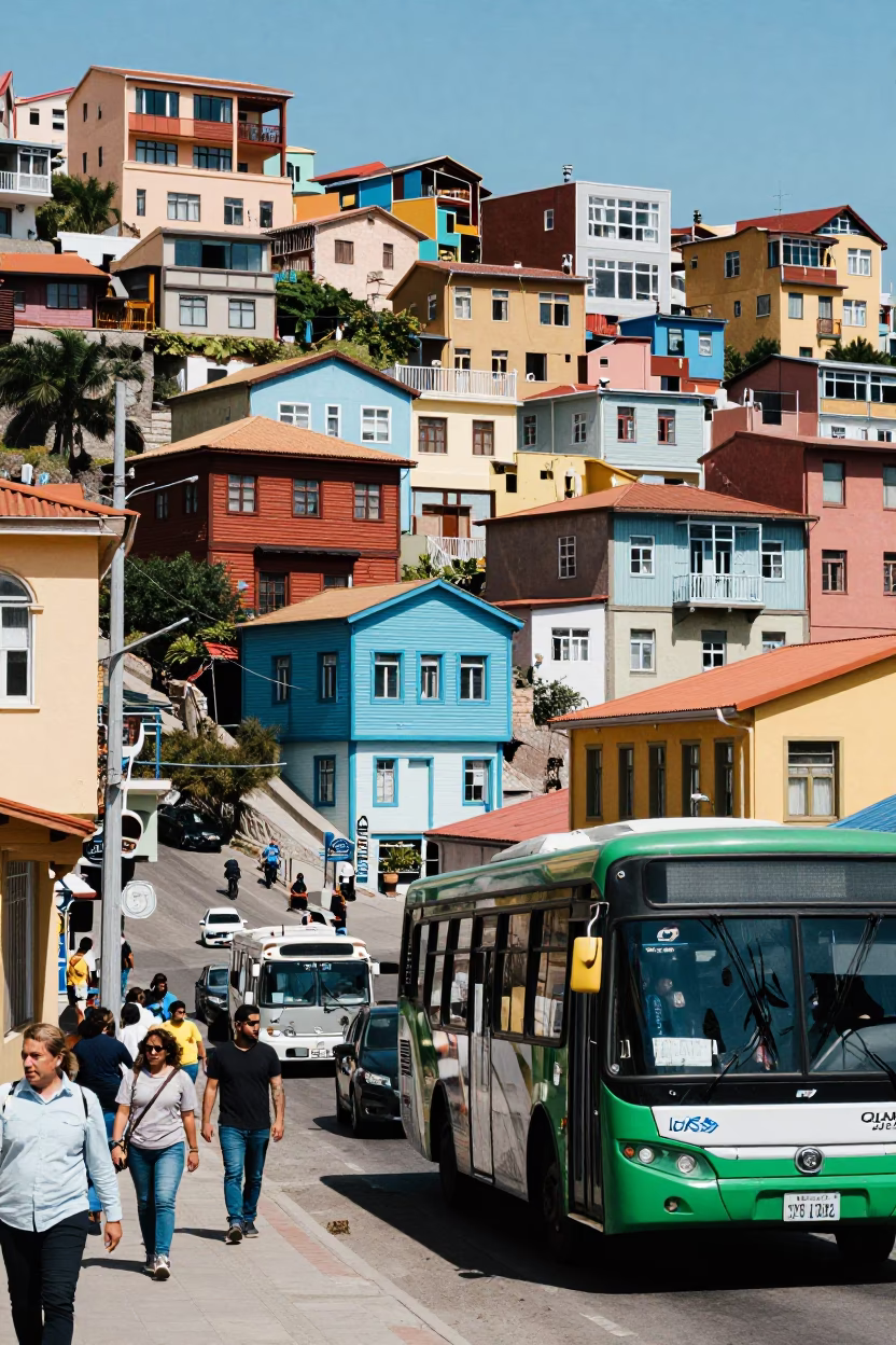 Busy Midday Street Scene in Valparaiso Chile with Colorful Hillside Houses and Local Life in in Valparaiso, Chile