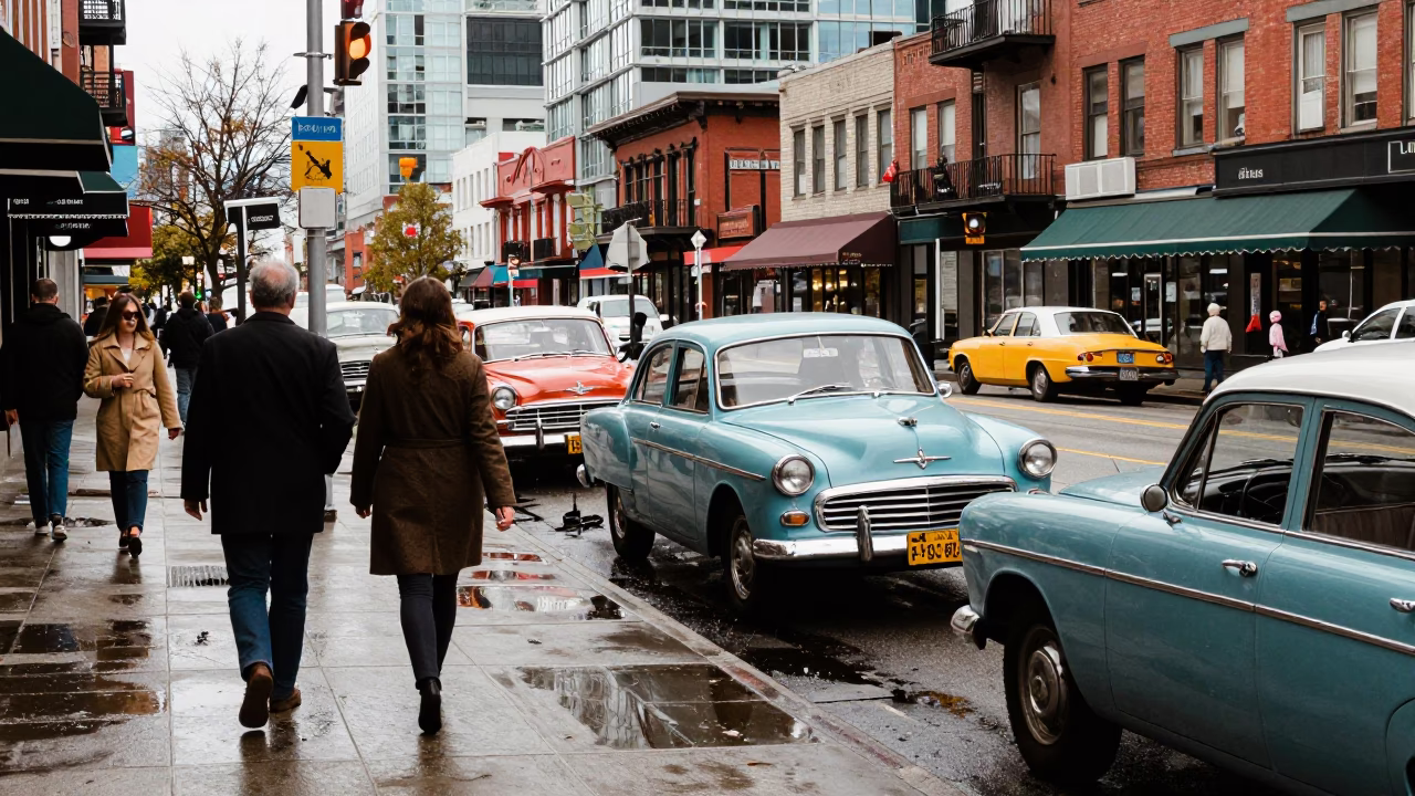 Busy Midday Street Scene in Vancouver British Columbia with Vintage Cars and Pedestrians in in Vancouver, British Columbia, Canada