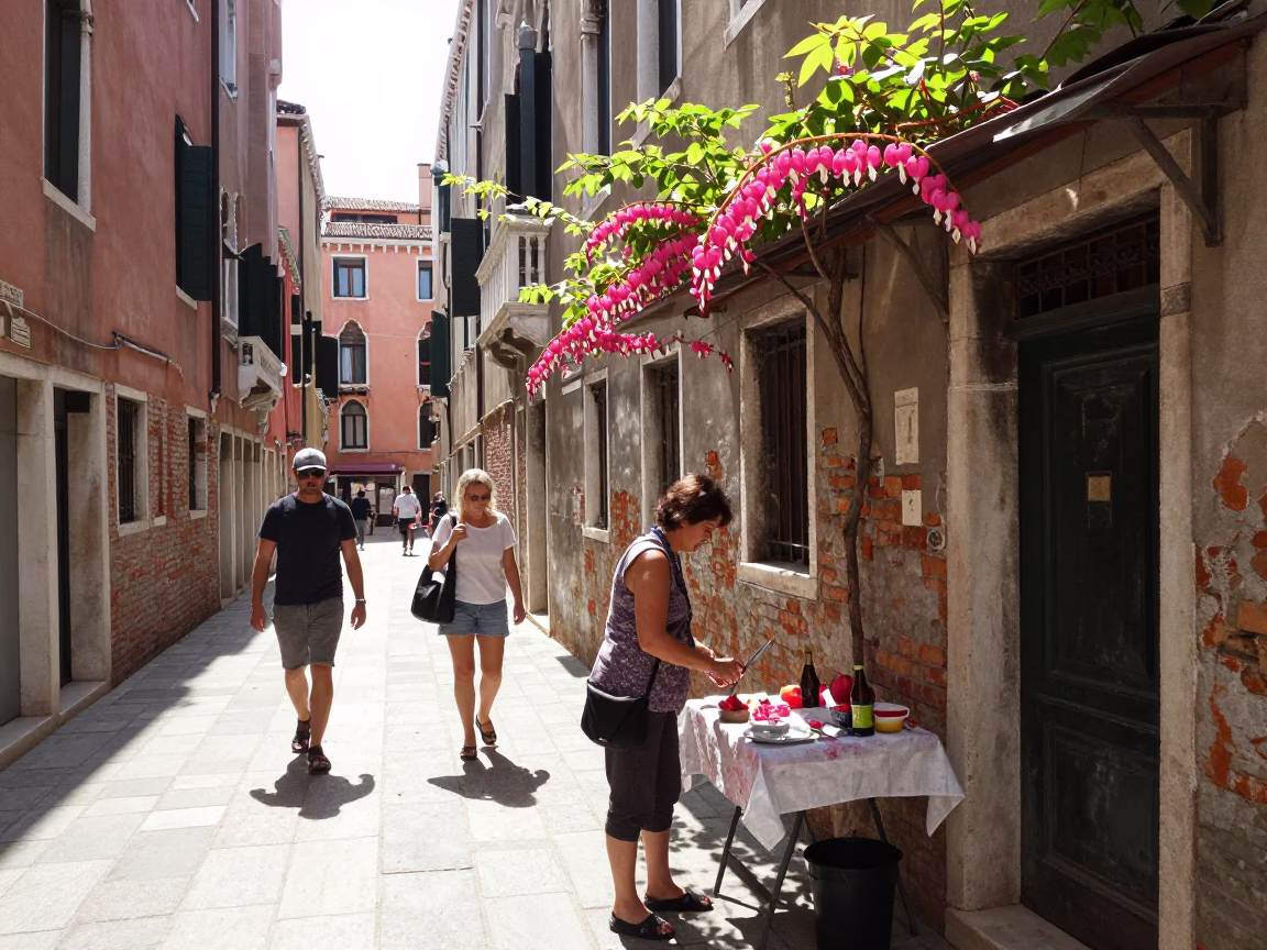 Busy Midday Street Scene in Venice Italy with Bleeding Heart Vine and Paring Knife in in Venice, Italy