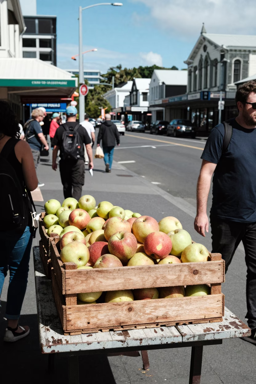 Busy Midday Street Scene in Wellington New Zealand with Fruit Crate and Vintage Elements in in Wellington, New Zealand