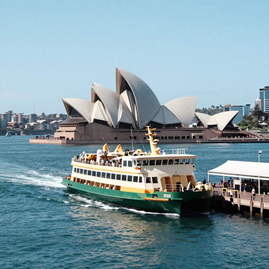 Busy Midday Sydney Harbour Ferry Leaving Dock With Mountains And Crowd in in Sydney, New South Wales, Australia