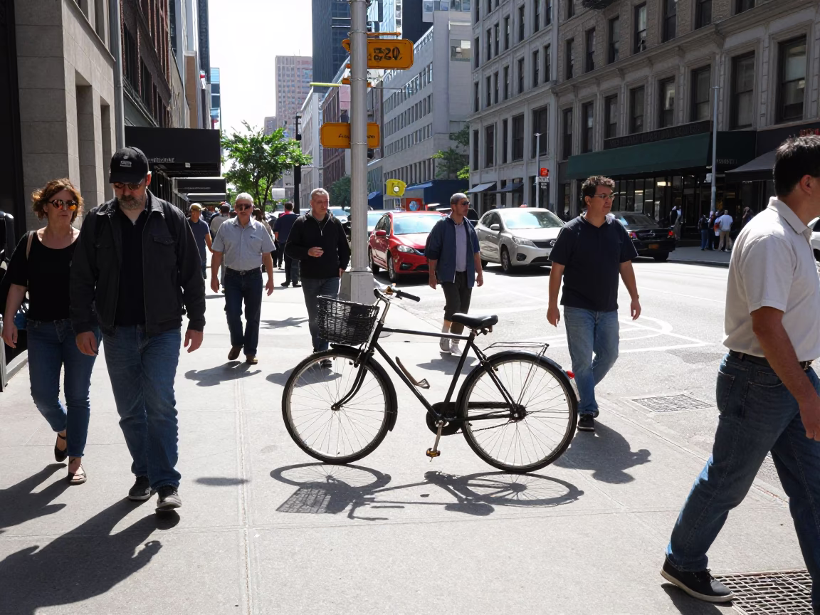Busy Midmorning New York City Street Scene with Vintage Bicycle and Urban Details in in New York, New York, United States
