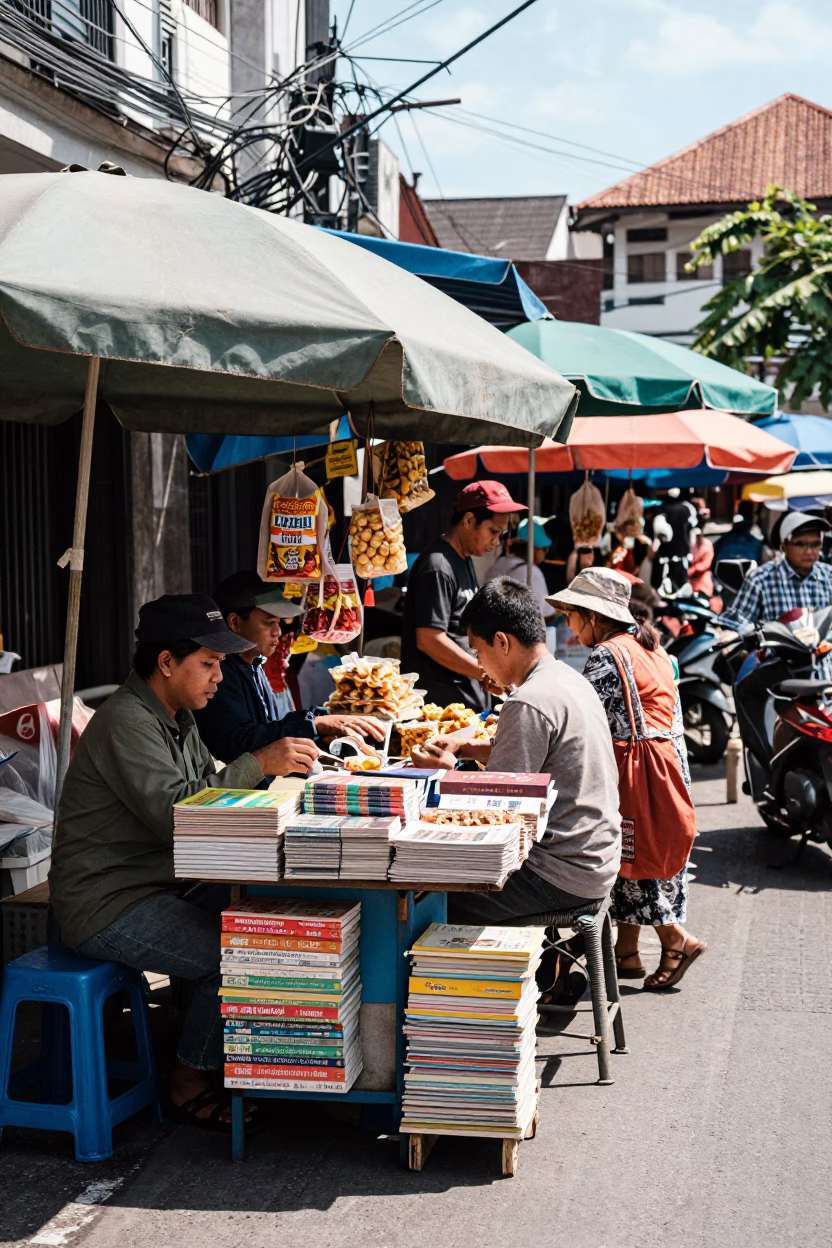 Busy Midmorning Street Scene in Denpasar Indonesia with Local Commerce and Daily Life in in Denpasar, Indonesia