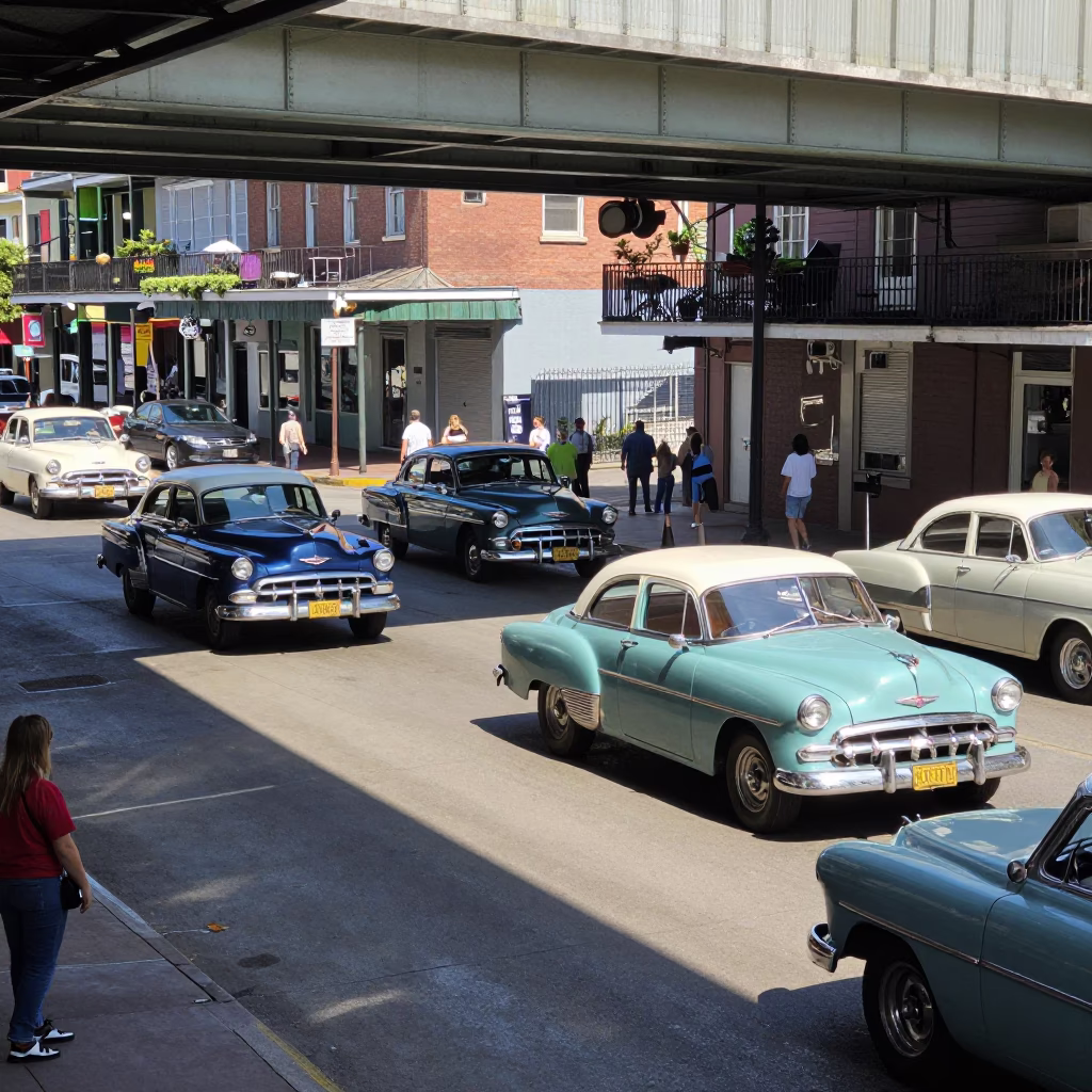 Busy Midmorning Street Scene in New Orleans Louisiana with Vintage Cars and Local Life in in New Orleans, Louisiana, United States