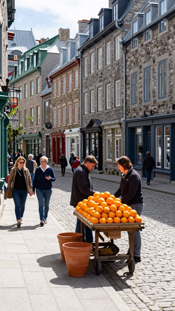 Busy Midmorning Street Scene in Quebec City with Terracotta Pots and Oranges in in Quebec City, Quebec, Canada