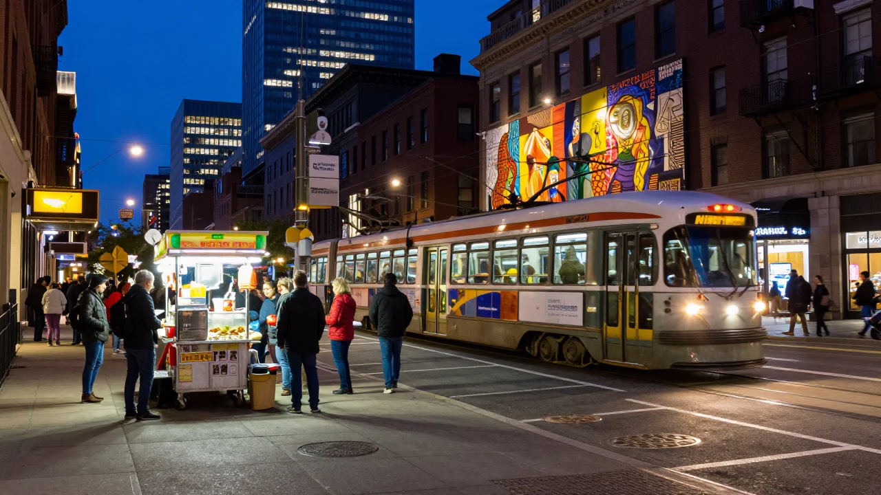 Busy Midnight Boston Street Scene with Tram and Art Nouveau Facades in in Boston, Massachusetts, United States