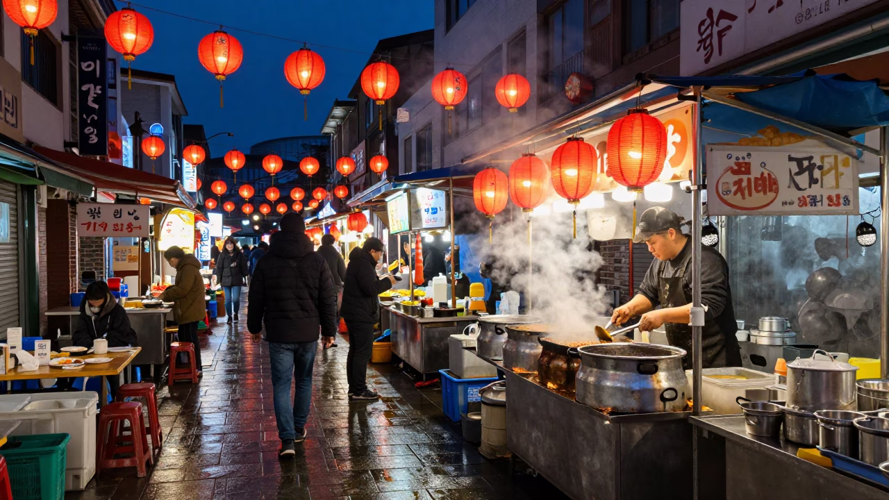 Busy Midnight Street Food Stall in Busan South Korea with Lanterns and Night Traffic in in Busan, South Korea