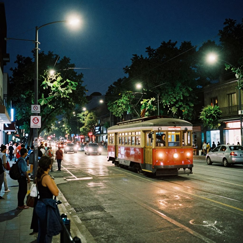 Busy Midnight Street Scene in Mexico City with Neon Lights and Urban Life in in Mexico City, Mexico