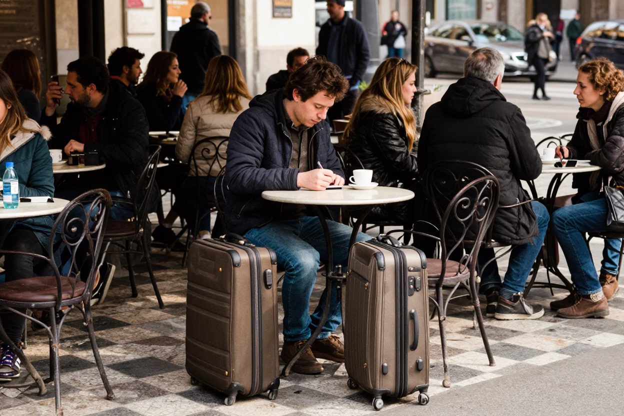 Busy Milan Cafe Terrace with Suitcases and Fountain Pen in Late Afternoon Light in in Milan, Italy