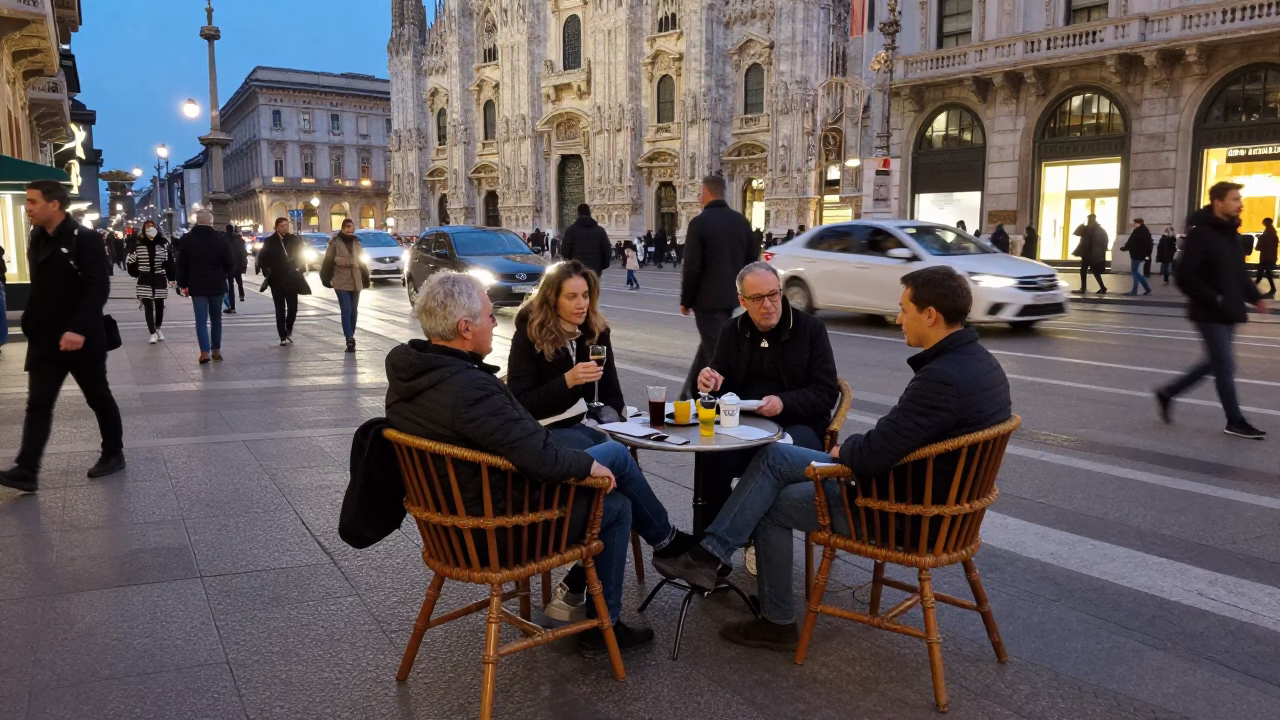Busy Milan Evening Street Scene with Traditional Spindle Chairs Outside Cafe Near Navigli Canals in in Milan, Italy
