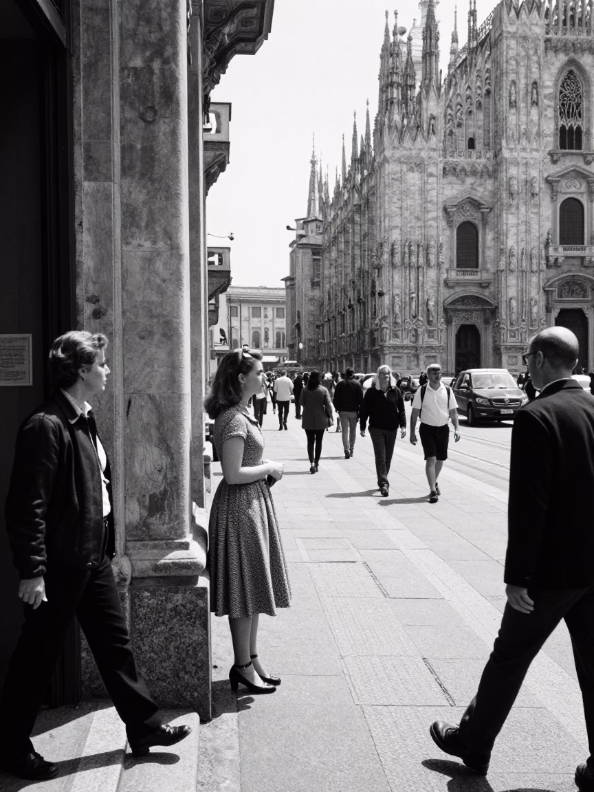 Busy Milan Italy Street Scene Under Flat Noon Glare with Local Activity in in Milan, Italy