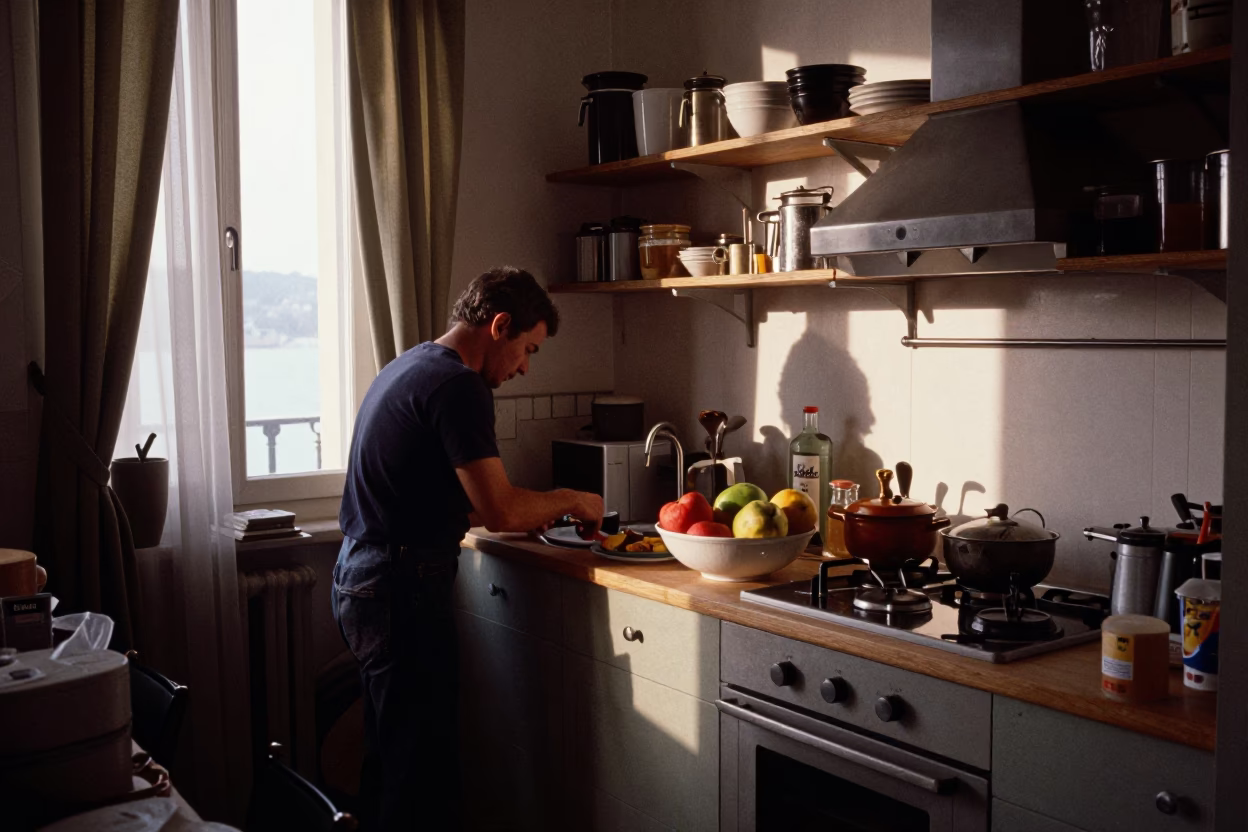 Busy Milan Kitchen at Nautical Dawn with Curtains and Porcelain in in Milan, Italy