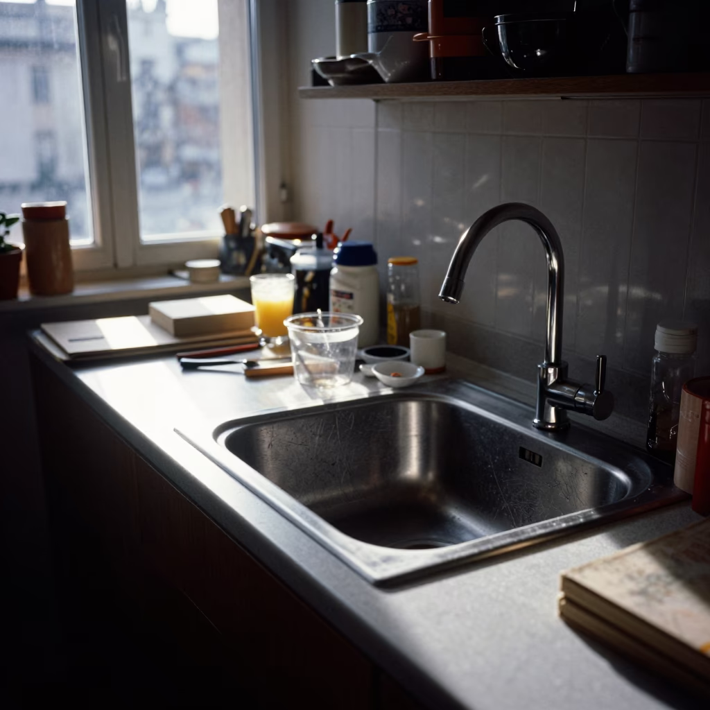 Busy Milan Kitchen Counter with Scratched Sink and Winter Light in in Milan, Italy