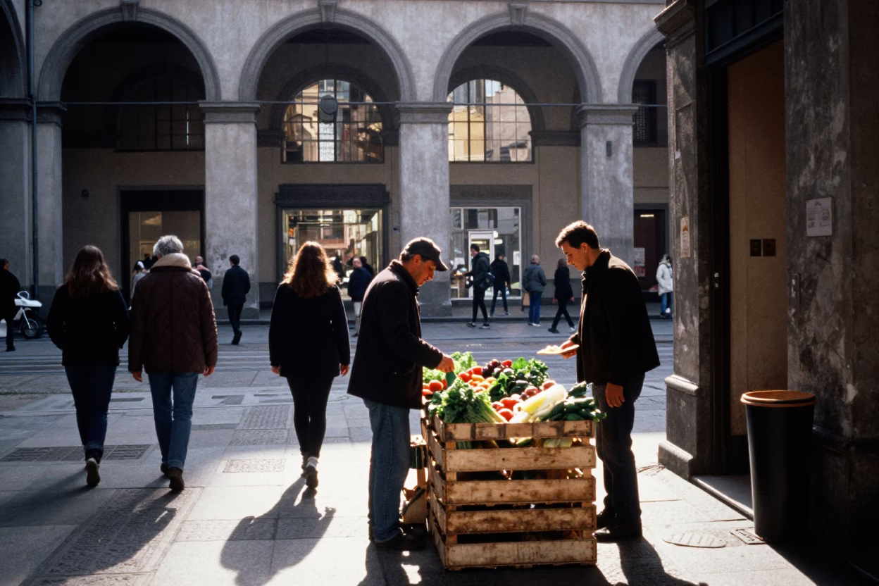 Busy Milan Late Morning Street Scene with Wooden Crate and Wicker Shadow in in Milan, Italy
